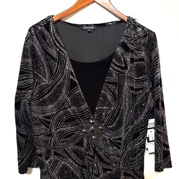 NWT Notations XL Black Velvet 3/4 sleeve empress top with built in tank silver - Picture 2 of 8